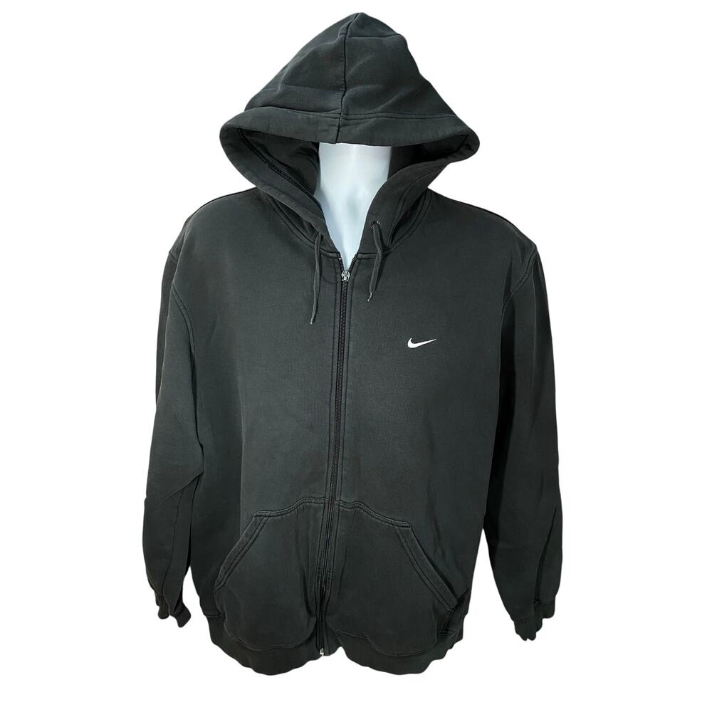 VINTAGE Y2K Nike Black Zip Up Hoodie Blue Tag Swoosh Logo 2XL 25x27